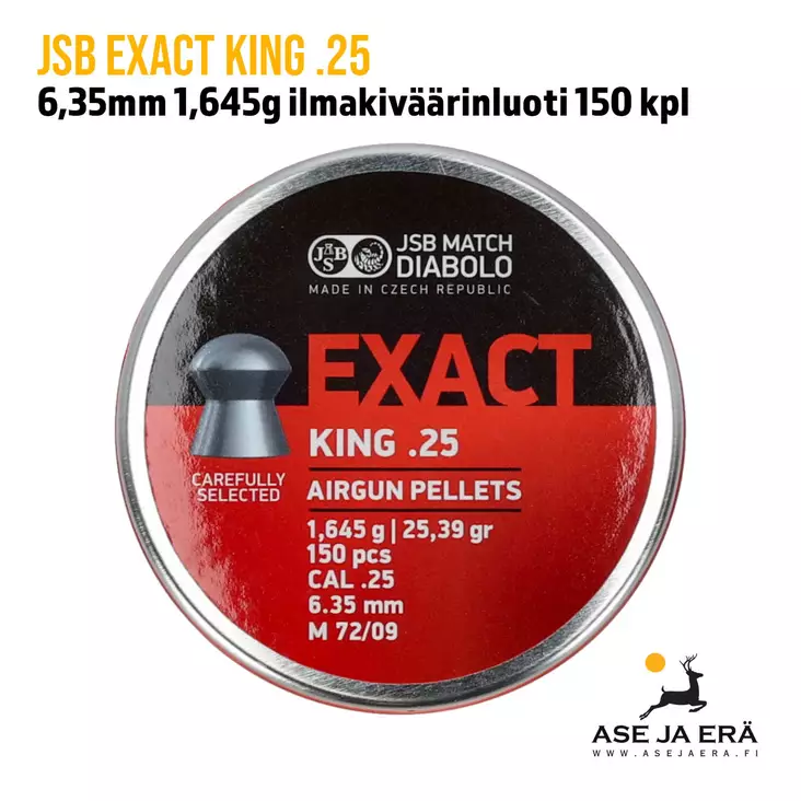 6,35mm JSB Exact King .25 1,645g Ilmakivääriluoti 150 kpl - yleiskuva rasian kannesta - 6,35 mm luodit - 8594180450646 - 1