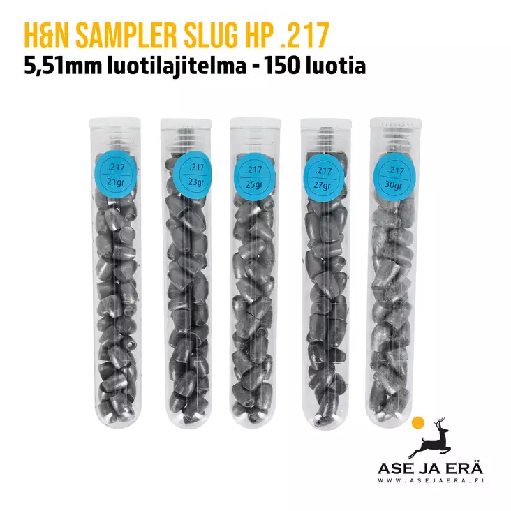 H&N Slug HP 5,51mm ilma-aseluotien testipakkaus - yleiskuva viidestä testipakkauksesta - 5,5 mm luodit - 4047058021546 - 1