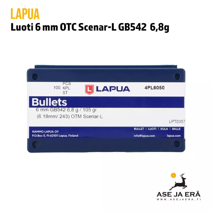 Lapua 6mm Scenar-L OTM 6,8g GB542 Tarkkuusluoti - .243 luodit - 6418267300896 - 1