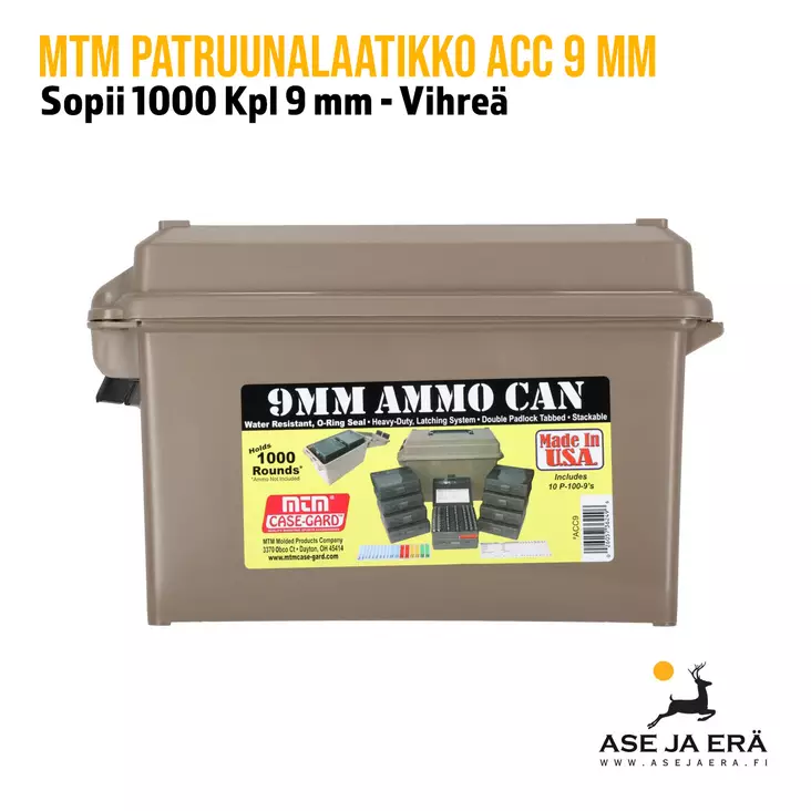 MTM ACC 9 mm Ammo Can patruunalaatikko, 10x-P100-9 - Pistoolin patruunoille - 026057362496 - 1