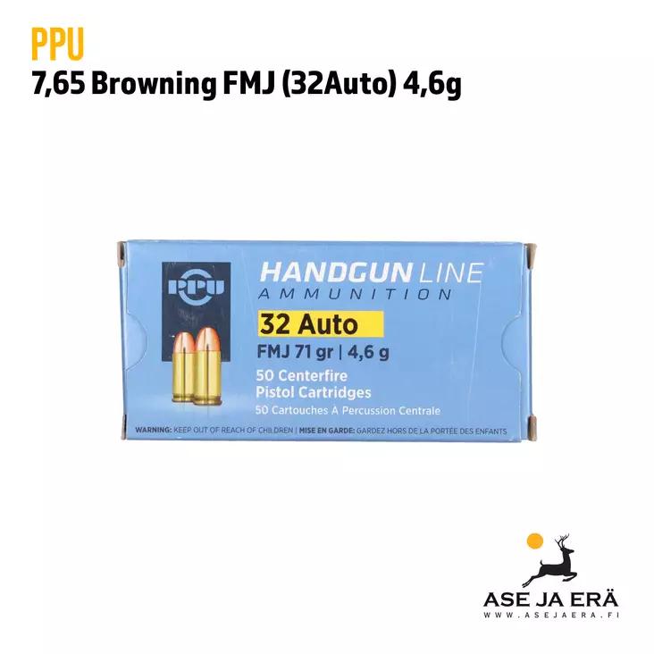 PPU 7,65 Browning FMJ 4,6g (32 Auto) pistoolinpatruuna - Muut pistoolinpatruunat - 8605003800026 - 1