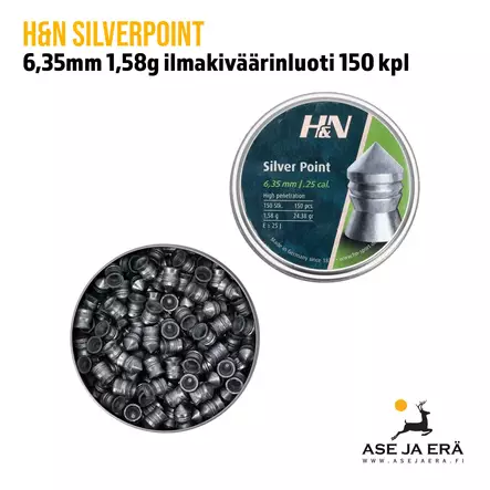 H&N Silverpoint 6,35mm 1,58g ilmakiväärinluoti 150 kpl - kansi avattuna luodit näkyvissä - 6,35 mm luodit - 4047058019567 - 2