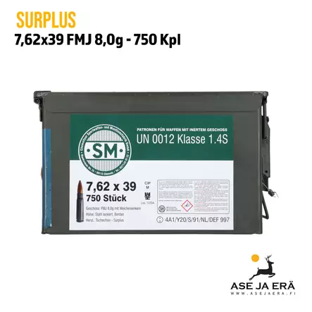 7,62x39 Surplus 8g FMJ ylijäämäpatruuna lakatulla teräshylsyllä 750 kpl - Muut kaliiperit - 126777 - 1