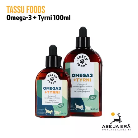 Tassu Foods Omega-3 + Tyrni rasvahappovalmiste 100ml - 100 ml ja 200 ml pullot yhteiskuvassa - Koiran hoito ja terveys - 6429810935007 - 2