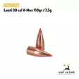 Luoti 30 cal Hornady V-Max 110gr / 7,5g 100kp - toinen luoti pystyssä ja toinen luoti vaakatasossa, kärki näkyvissä - .30 luodit - 090255275087 - 3