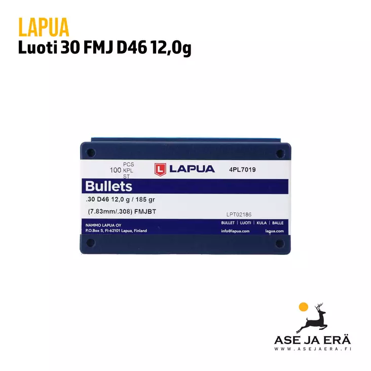 30 cal Lapua D46 12g FMJ 100kpl - .30 luodit - 6418267300407 - 4