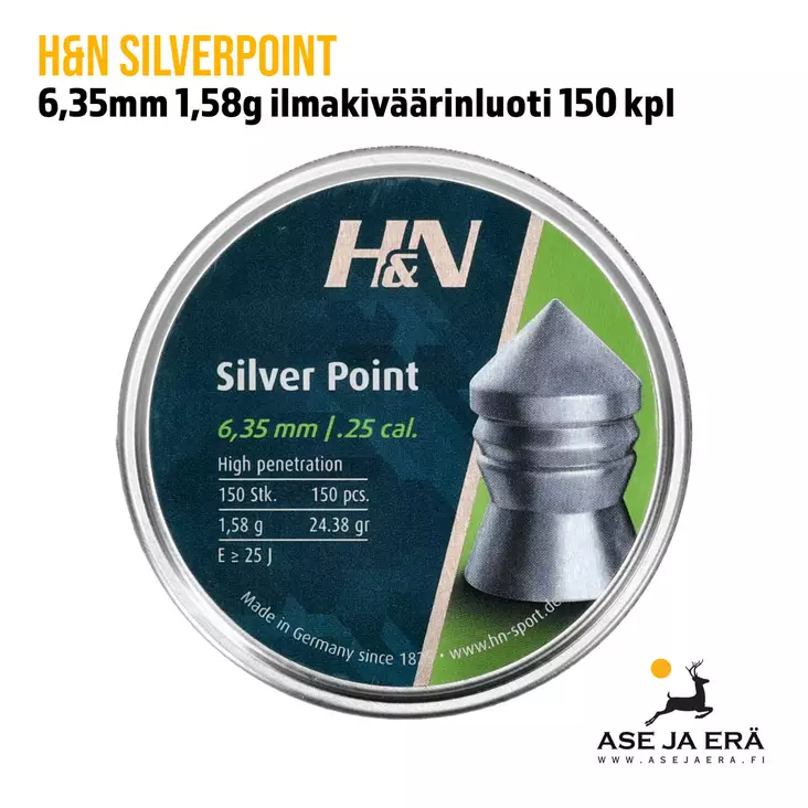 H&N Silverpoint 6,35mm 1,58g ilmakiväärinluoti 150 kpl - yleiskuva rasian kansi - 6,35 mm luodit - 4047058019567 - 1