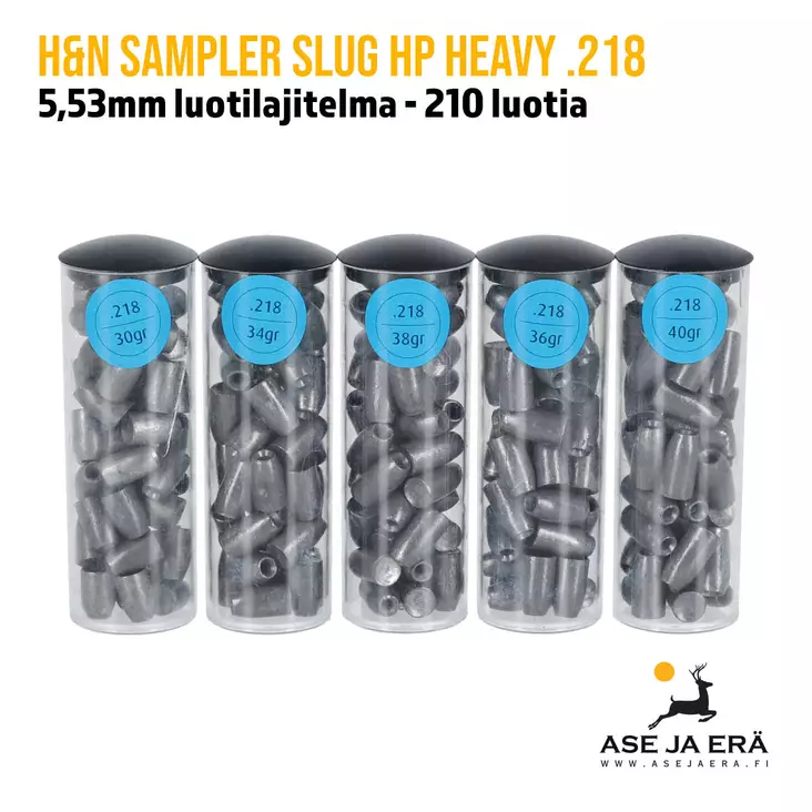 H&N Slug HP Heavy 5,53mm ilma-aseluotien testipakkaus - yleiskuva viidestä testipakkauksesta - 5,5 mm luodit - 4047058022437 - 1