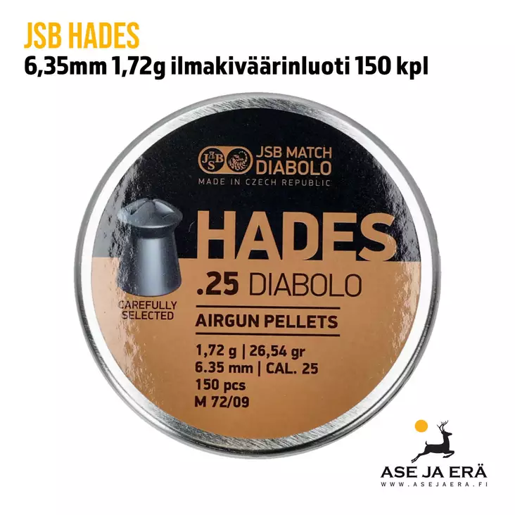 6,35mm JSB Hades 1,72g ilmakiväärinluoti 150 kpl - yleiskuva rasian kannesta - 6,35 mm luodit - 8594180451087 - 1