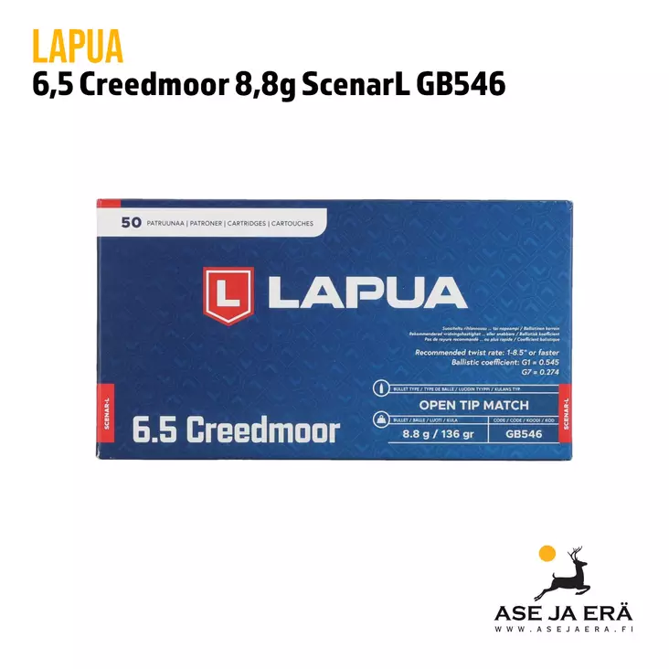 Lapua Scenar-L 6,5 Creedmoor 8,8g GB546 OTM Kiväärin Patruuna - 6,5 Creedmoor kaliiperi - 6418267103817 - 1