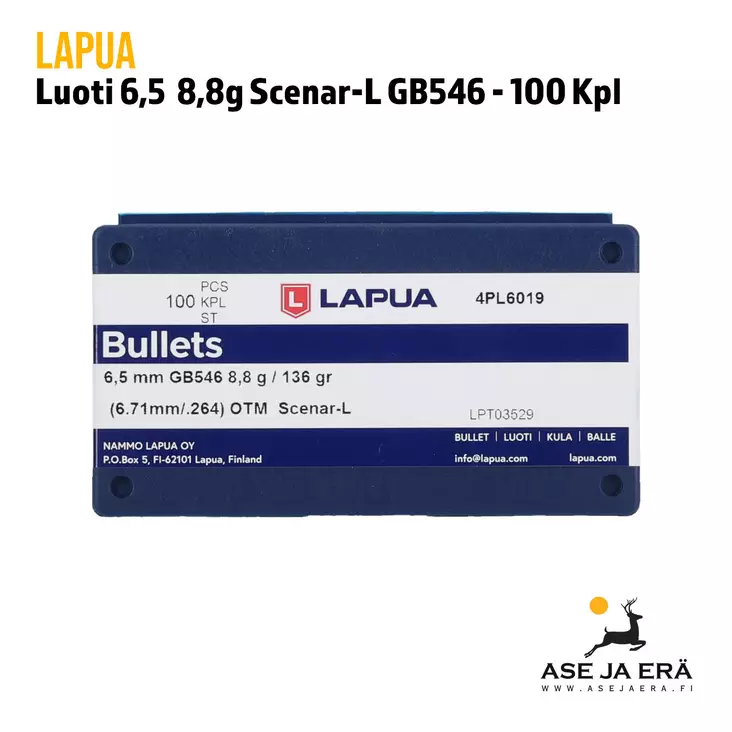 Lapua Scenar-L 6,5mm 8,8g GB546 OTM Tarkkuusluoti - 6,5mm luodit - 6418267300957 - 1