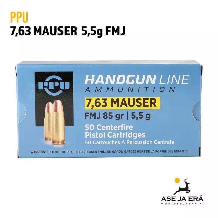 PPU 7,63 Mauser FMJ 5,5g Pistoolinpatruuna - Muut pistoolinpatruunat - 8605003813217 - 1