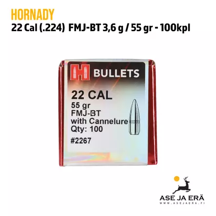 22 Cal (.224) Hornady 55gr FMJ-BT kiväärinluoti - .22 luodit - 090255222678 - 3