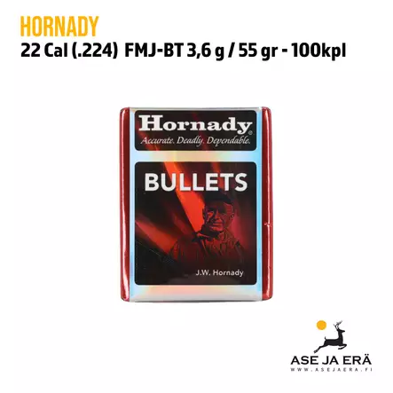 22 Cal (.224) Hornady 55gr FMJ-BT kiväärinluoti - .22 luodit - 090255222678 - 2