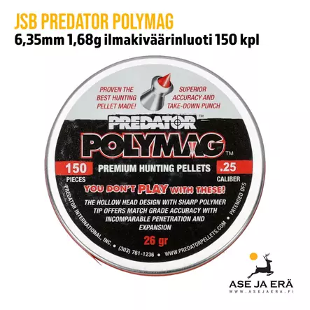 6,35mm JSB Predator Polymag 1,68g ilmakiväärinluoti 150 kpl - yleiskuva rasian kannesta - 6,35 mm luodit - 8594180450738 - 1