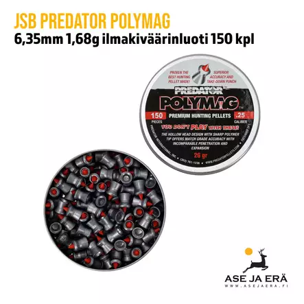 6,35mm JSB Predator Polymag 1,68g ilmakiväärinluoti 150 kpl - kansi avattuna luodit näkyvissä - 6,35 mm luodit - 8594180450738 - 2