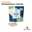 Tassu Foods Maitohappobakteeri + Sinkki 50 g - pussi edestä, purutabletteja kuvassa - Koiran hoito ja terveys - 6429810935038 - 2