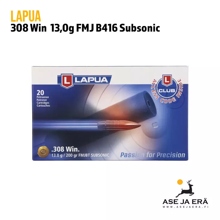 308win Lapua Subsonic 13g FMJ kivääripatruuna B416 - 308 kaliiperi - 6418267102018 - 10