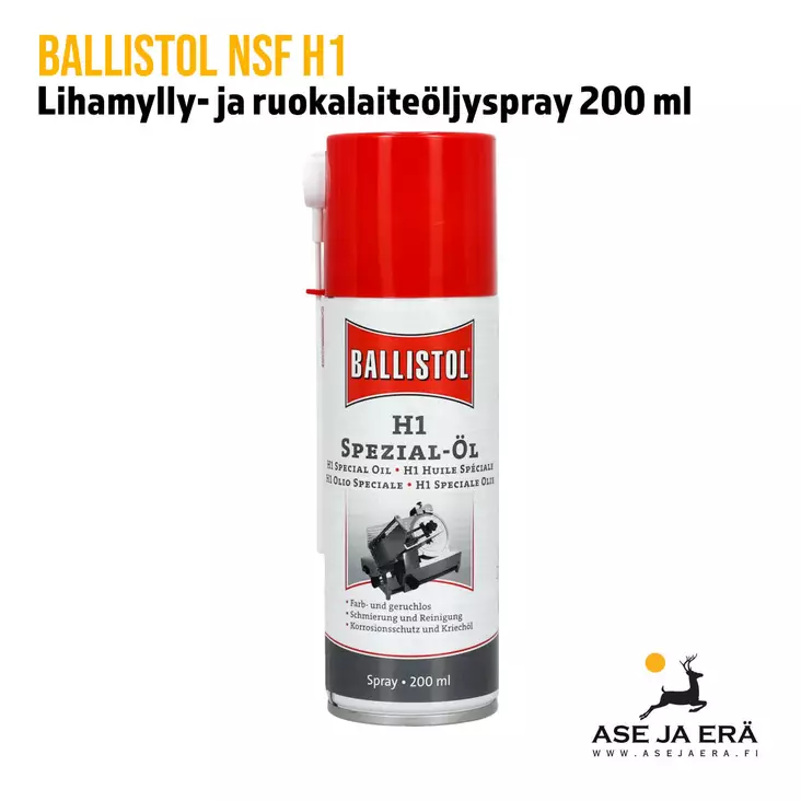 Ballistol H1 ruokateollisuus-spray lihamylly- ja ruokalaiteöljy 200 ml, yleiskuva edestä - Aseöljyt ja -rasvat - 4017777253108 - 1