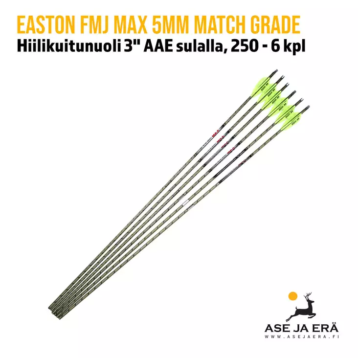 Easton FMJ MAX 5mm Match Grade Hiilikuitunuoli 3" AAE sulalla, spine 250, 6 kpl - yleiskuva kuudesta nuolesta - Hiilikuitunuolet - 723560012008 - 1
