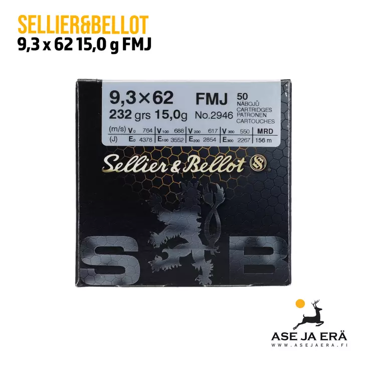 Sellier & Bellot 9,3x62 FMJ 15,0g Kokovaippainen Kiväärin Patruuna - 9,3x62 kaliiperi - 8590690341368 - 1