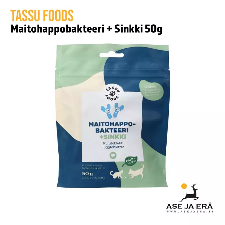 Tassu Foods Maitohappobakteeri + Sinkki 50 g - yleiskuva - Koiran hoito ja terveys - 6429810935038 - 1