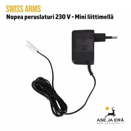 Swiss Arms nopea peruslaturi 230V Airsoft laturi mini-liittimellä - Laturi sivulta johtonipussa - Airsoft-akut ja laturit - 3559966033579 - 5