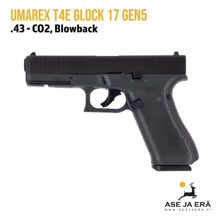Umarex T4E Glock 17 Gen5 .43 CO2 Blowback kumikuula ilmapistooli - yleiskuva vasemmalta sivusta - T4E Defence kuula-aseet - 4000844771759 - 7