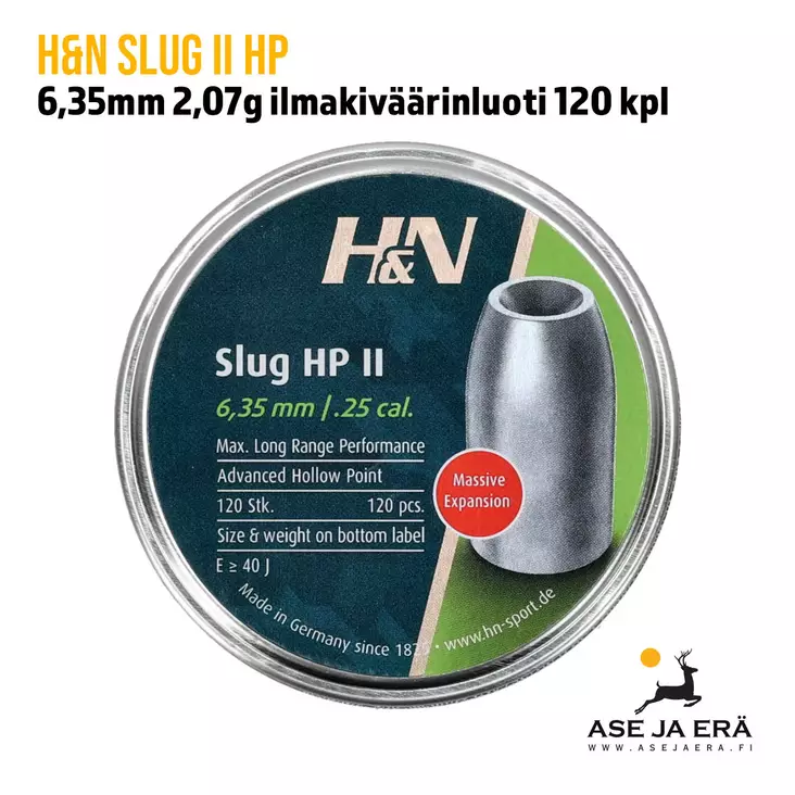 6,35mm H&N Slug II HP 2,07g ilmakiväärinluoti 120 kpl - yleiskuva rasiasta - 6,35 mm luodit - 4047058022949 - 1