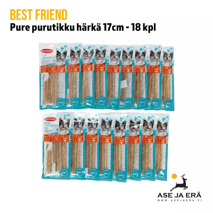 Best Friend Pure purutikku härkä 17 cm, 18 kpl - yleiskuva 18 pussia, 7 tikkua per pussi - Koiran herkut ja puruluut - 15700551173209 - 1