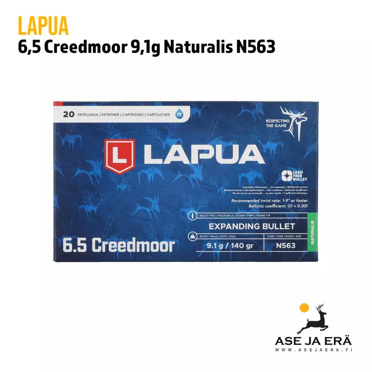 Lapua 6,5 Creedmoor Naturalis 9,1g N563 Kiväärin Patruuna - 6,5 Creedmoor kaliiperi - 6418267103749 - 1